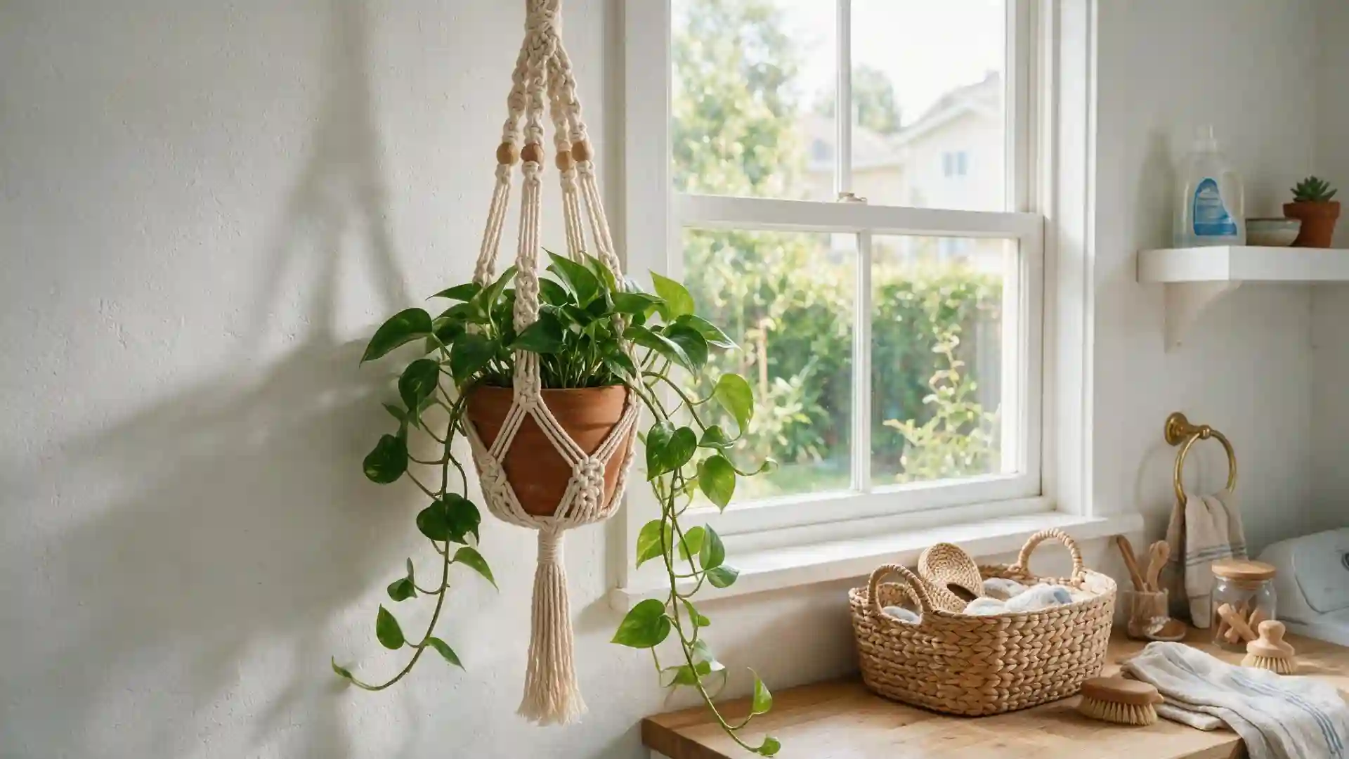 macrame plant hanger holding a trailing pothos in a terracotta pot near a sunlit window