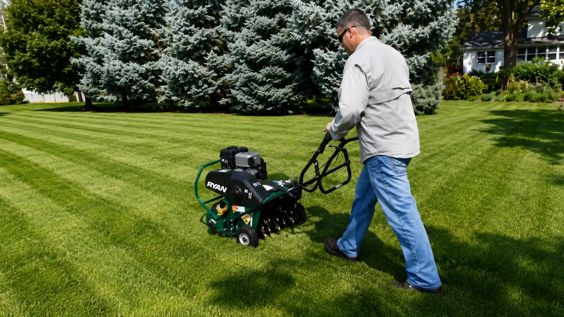 man pushing self propelled core aerator forward as its tines dig into the lawn surface