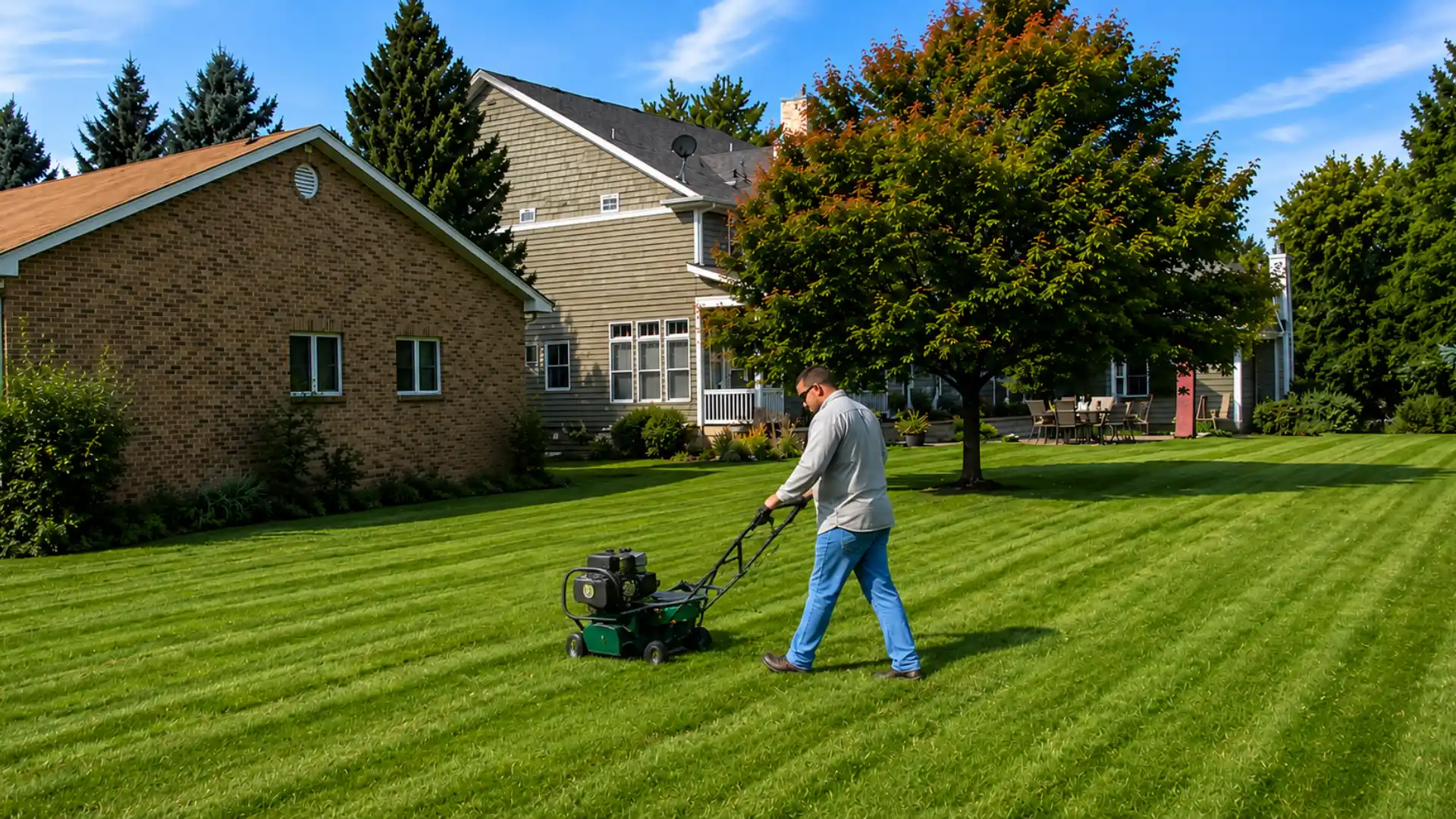 man running core aerator across the lawn a second time in the opposite direction