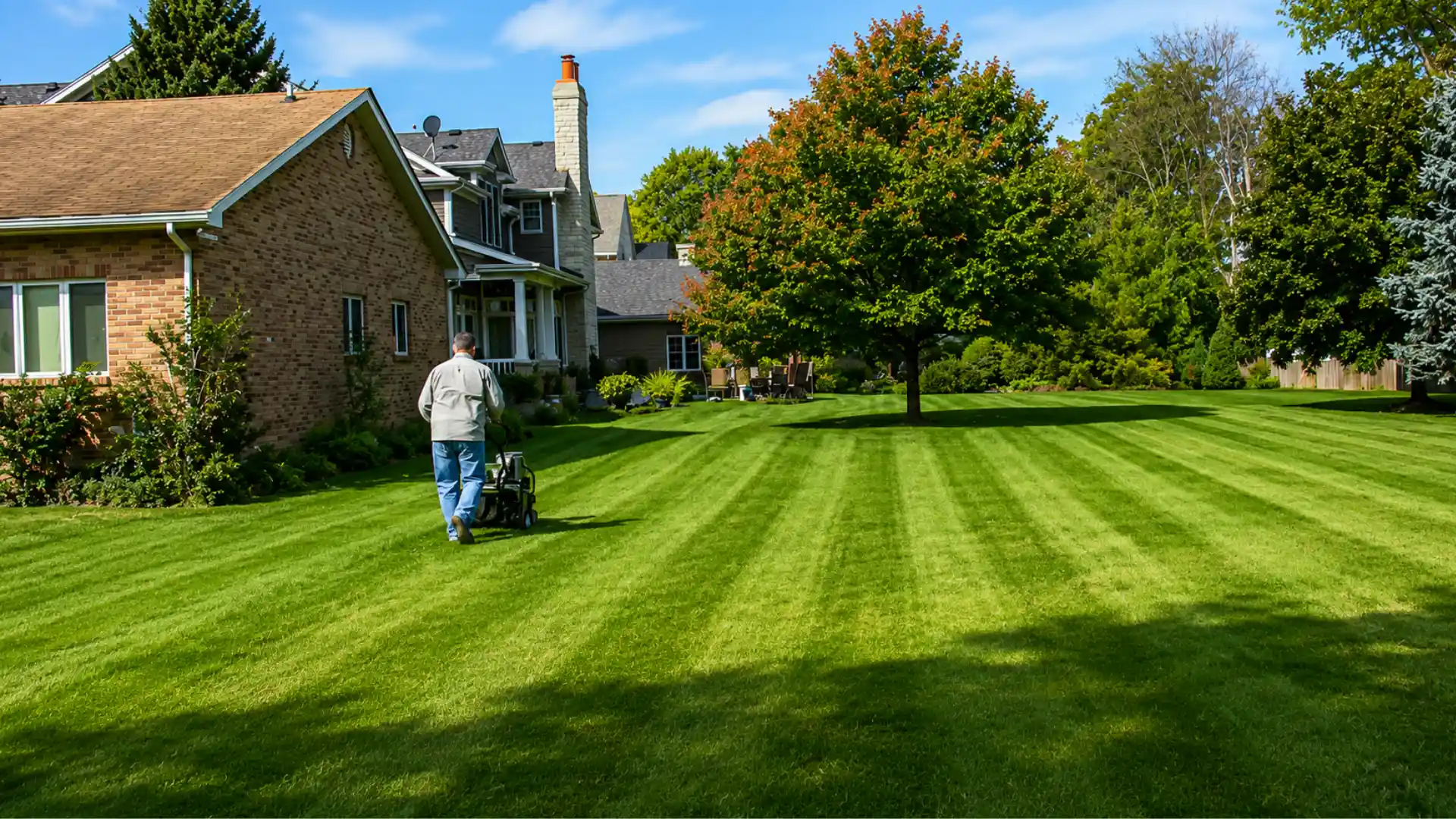 man walking core aerator forward in a straight line across a freshly striped lawn