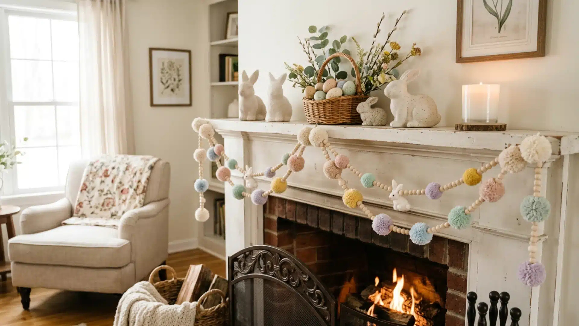 mantel edge draped with a soft pom pom style easter garland