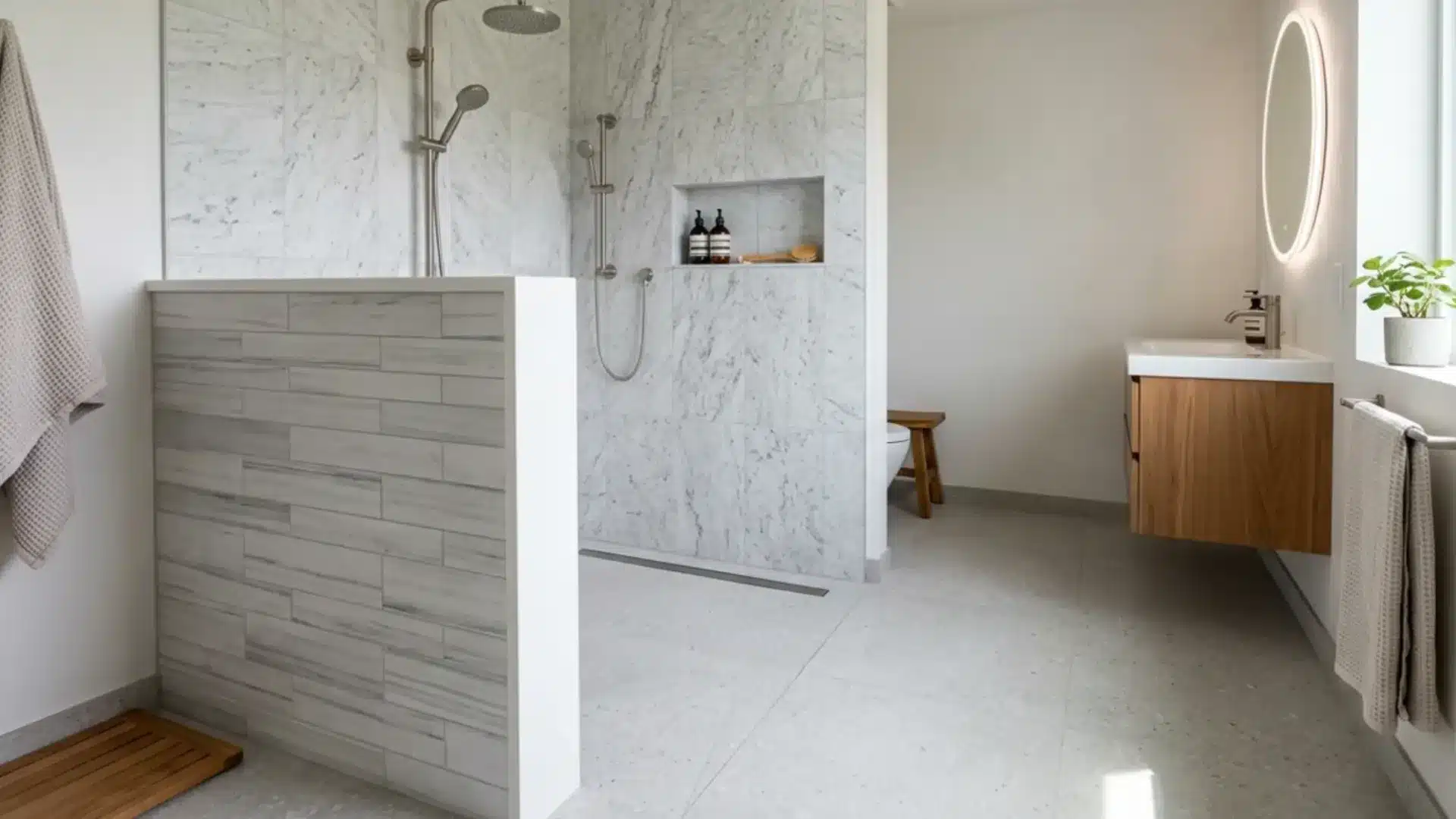 marble doorless curbless shower with a half wall divider and a wooden vanity
