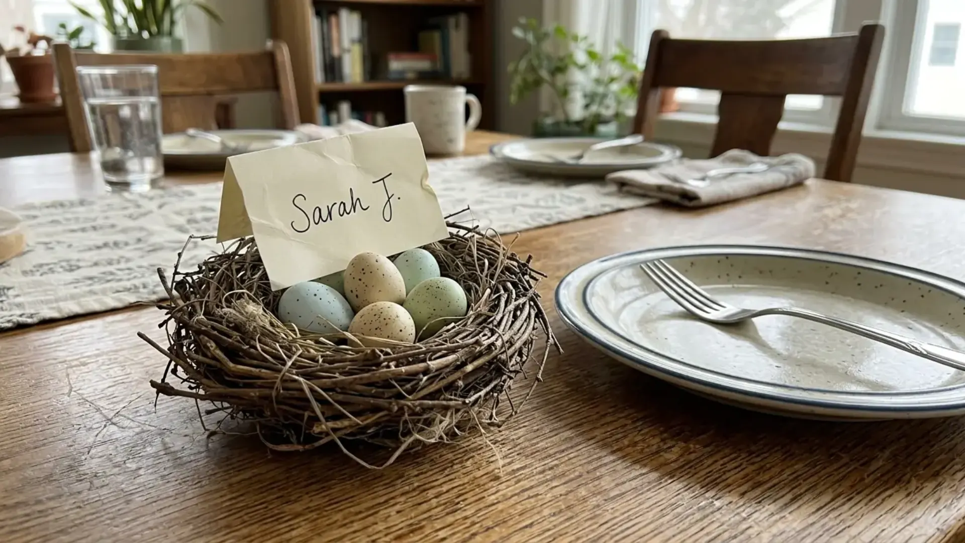 miniature twig nest filled with speckled eggs and a folded name card at a place setting