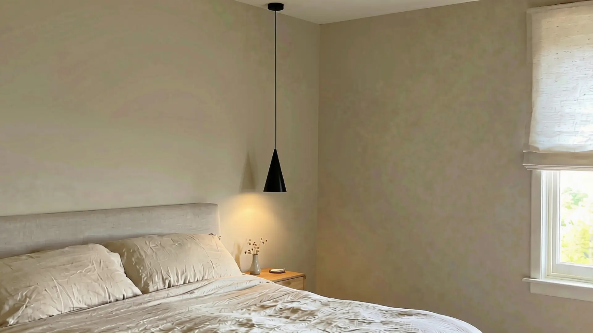 minimalist bedroom with black cone pendant light and warm putty toned walls