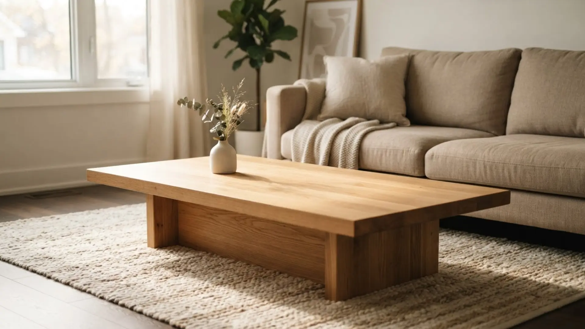 minimalist coffee table styled with negative space and a single small vase.