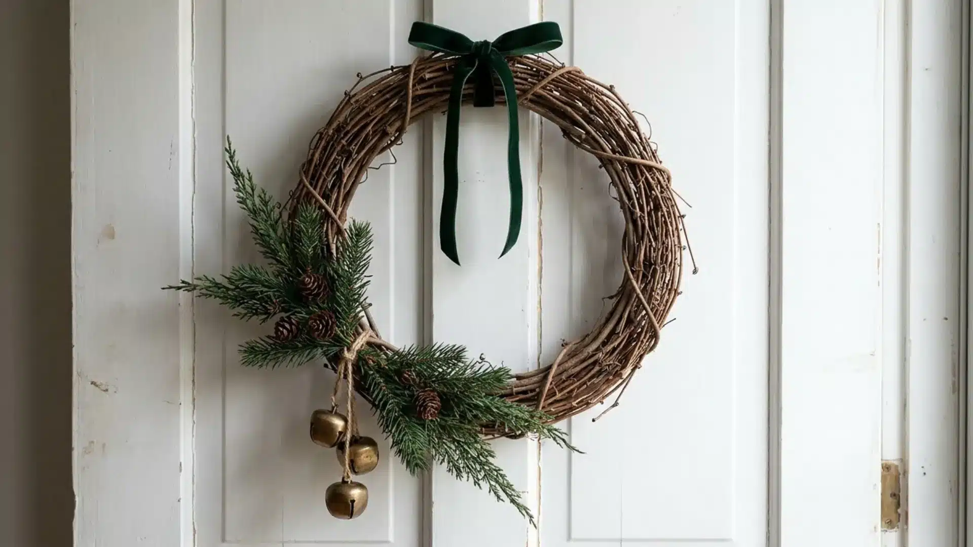 minimalist diy bell wreath with brass bells and velvet ribbon