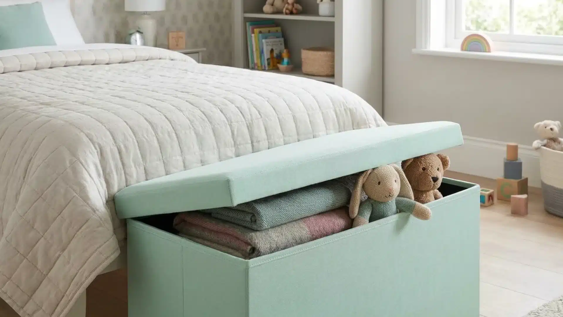 mint green storage ottoman open at the foot of a bed showing folded blankets and stuffed animals