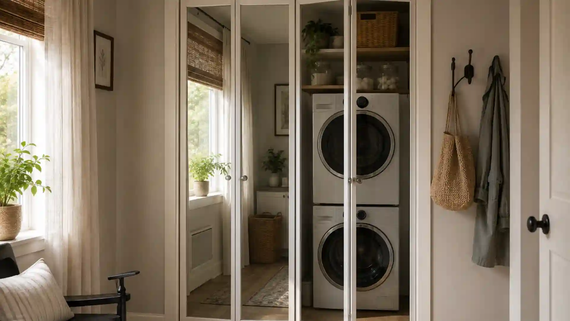 mirrored bifold closet doors open to reveal a stacked washer and dryer with woven baskets above