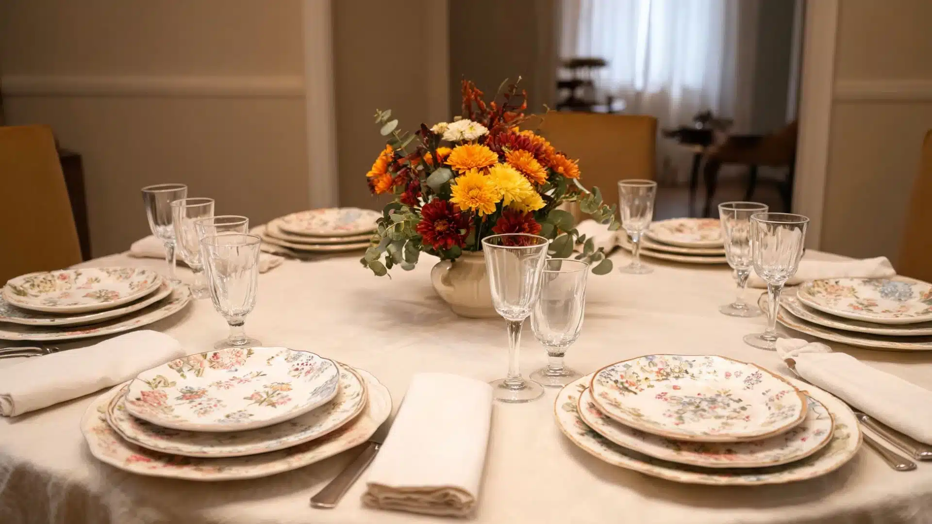 mismatched floral thrifted dinnerware and crystal glassware around an autumn flower centerpiece