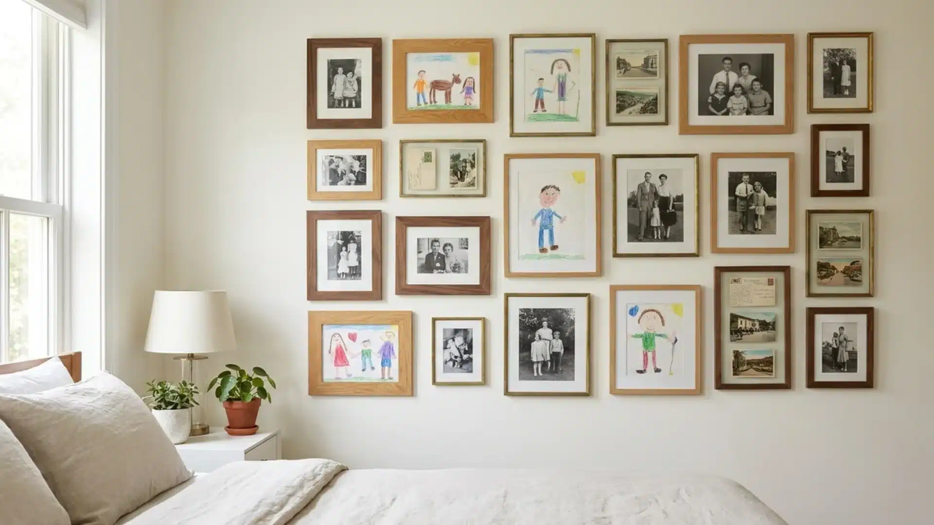 mixed wood frames displaying children's drawings and family photos arranged above a bed