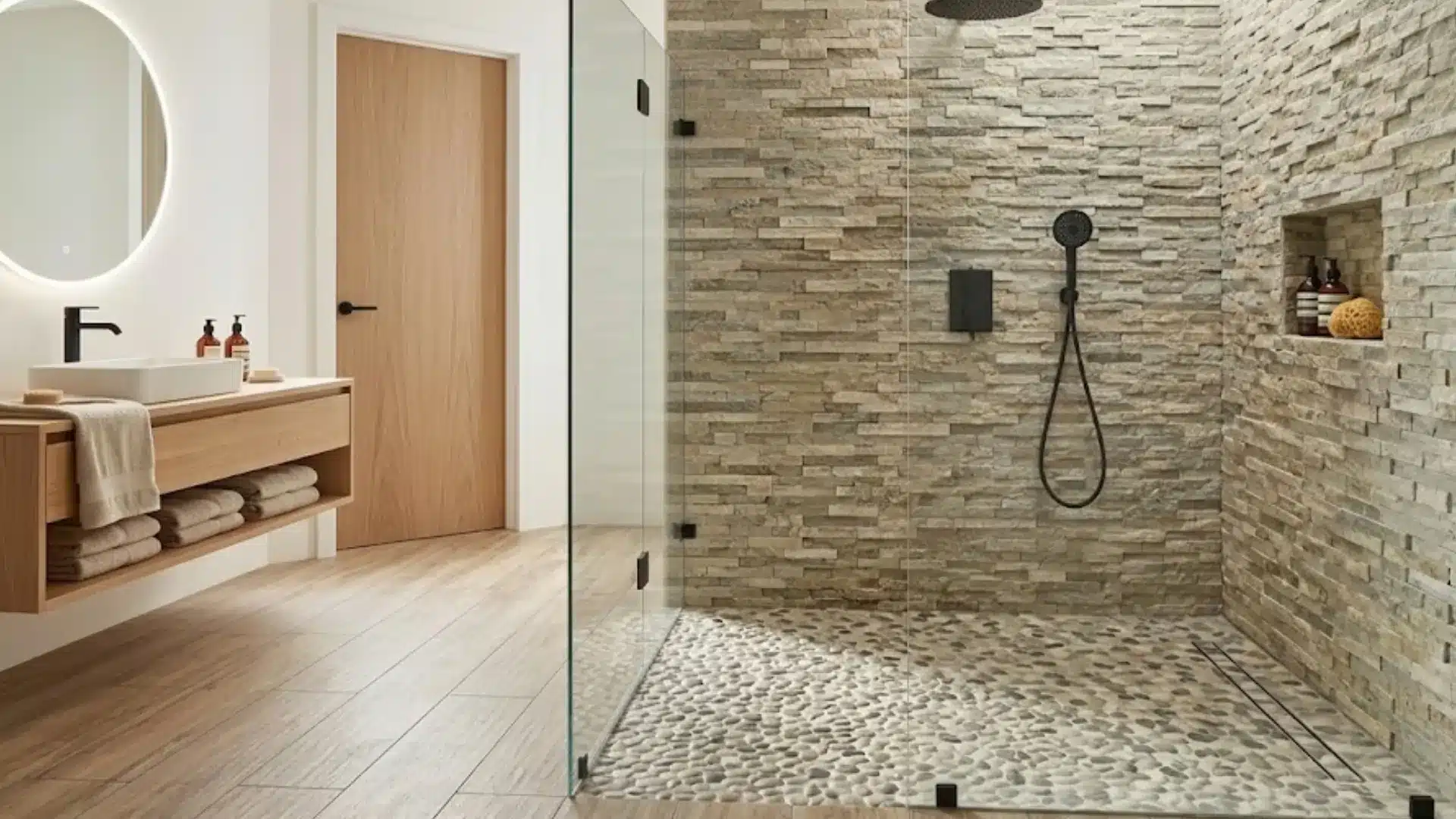 modern bathroom with pebble floor shower and a closed wooden door