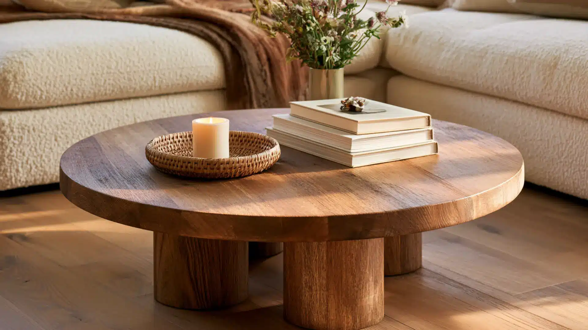 beautifully styled coffee table with tray, books, candle, and flowers in a cozy living room
