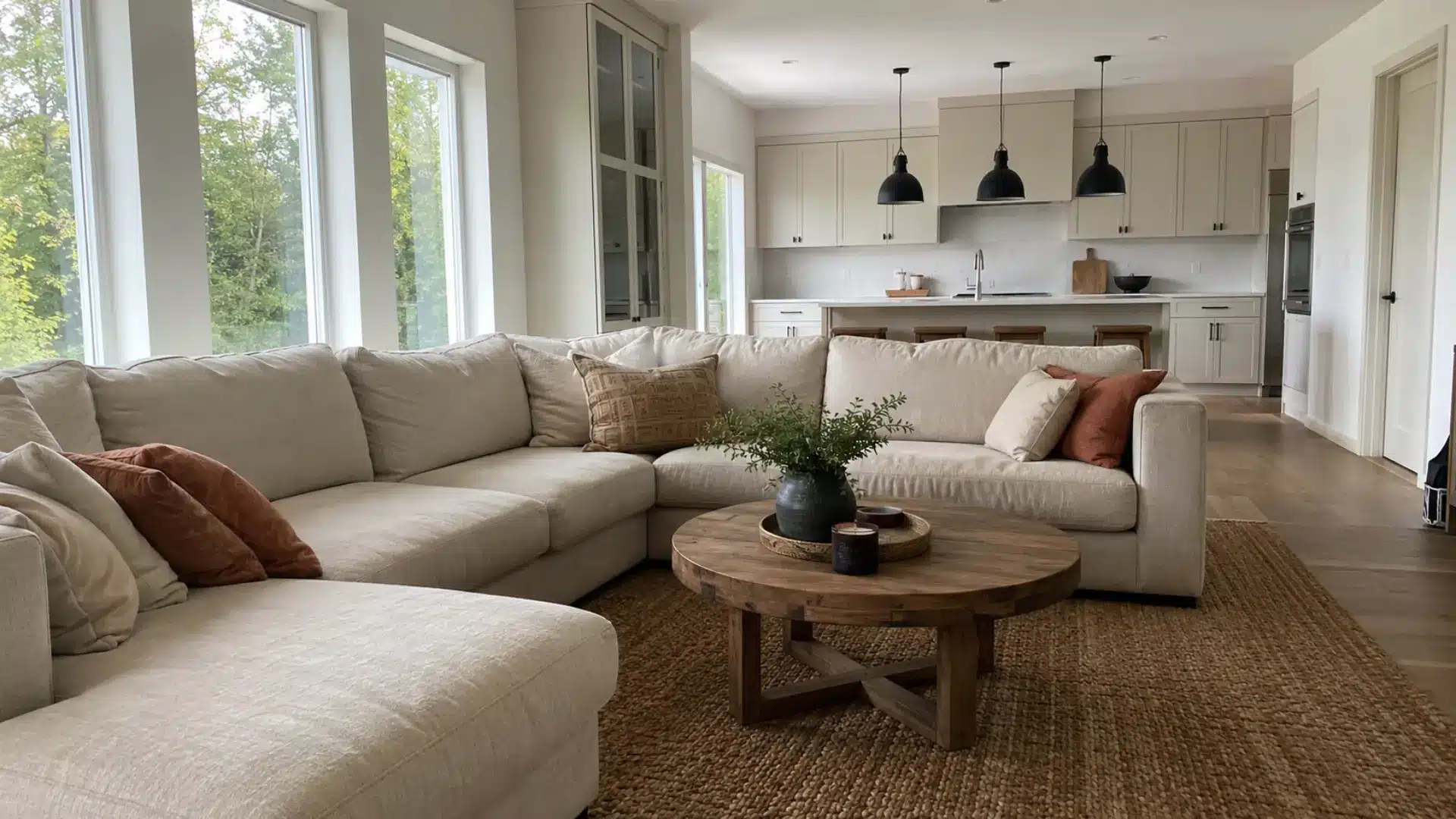 an open concept farmhouse living room and kitchen with a beige sectional, jute rug, and black pendant lighting