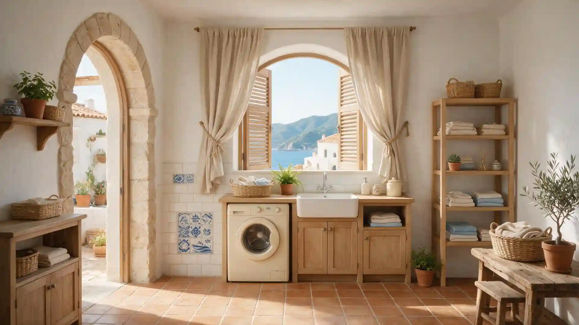 modern farmhouse laundry room with a farmhouse sink and open shelving holding folded towels