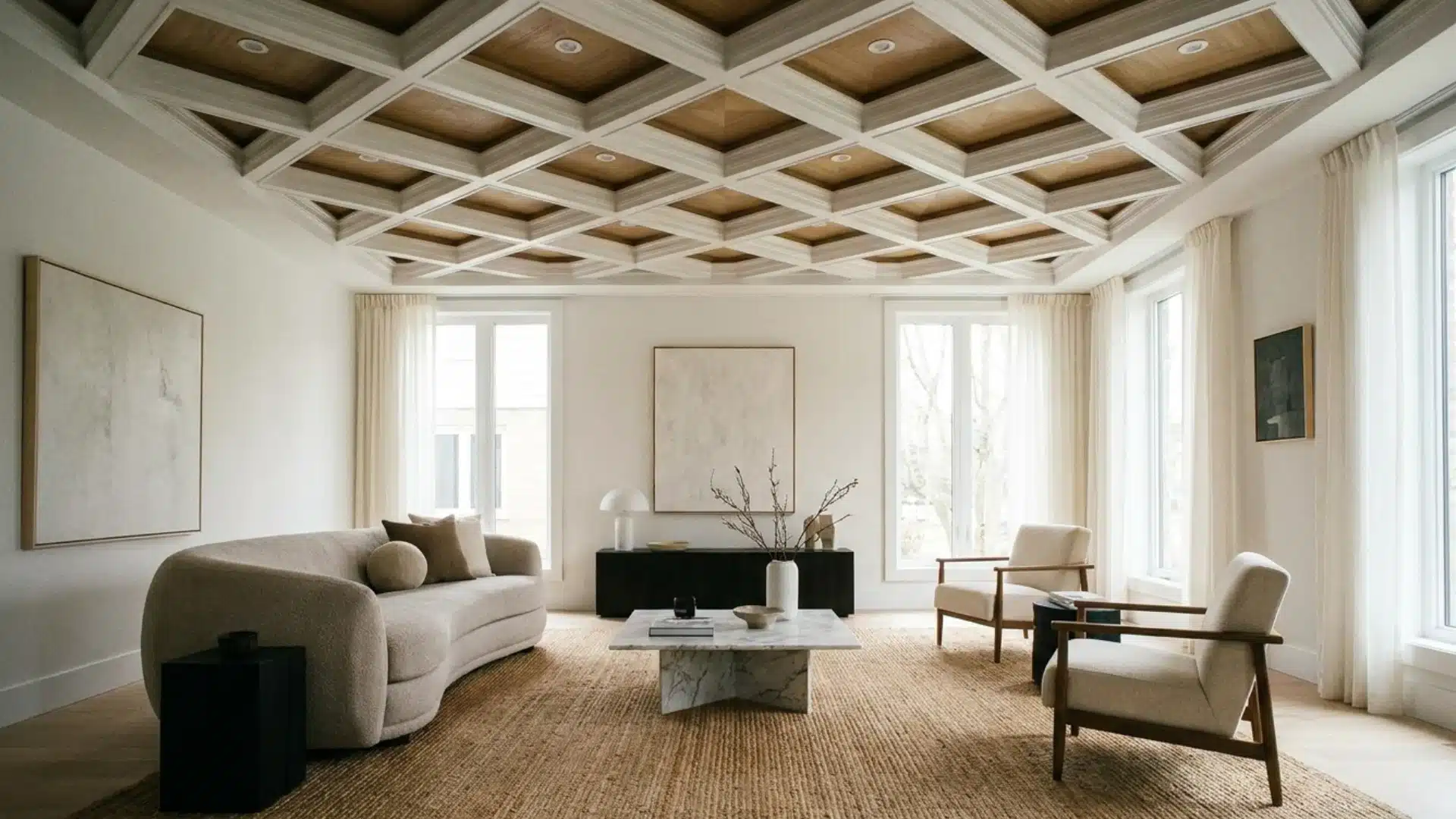 modern living room featuring a diamond pattern coffered ceiling grid