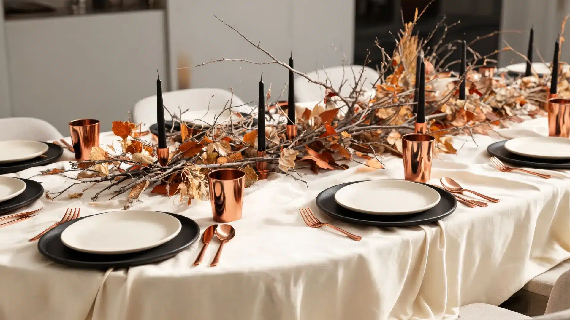 modern table with black plates, copper cups, black taper candles, and a bare branch centerpiece