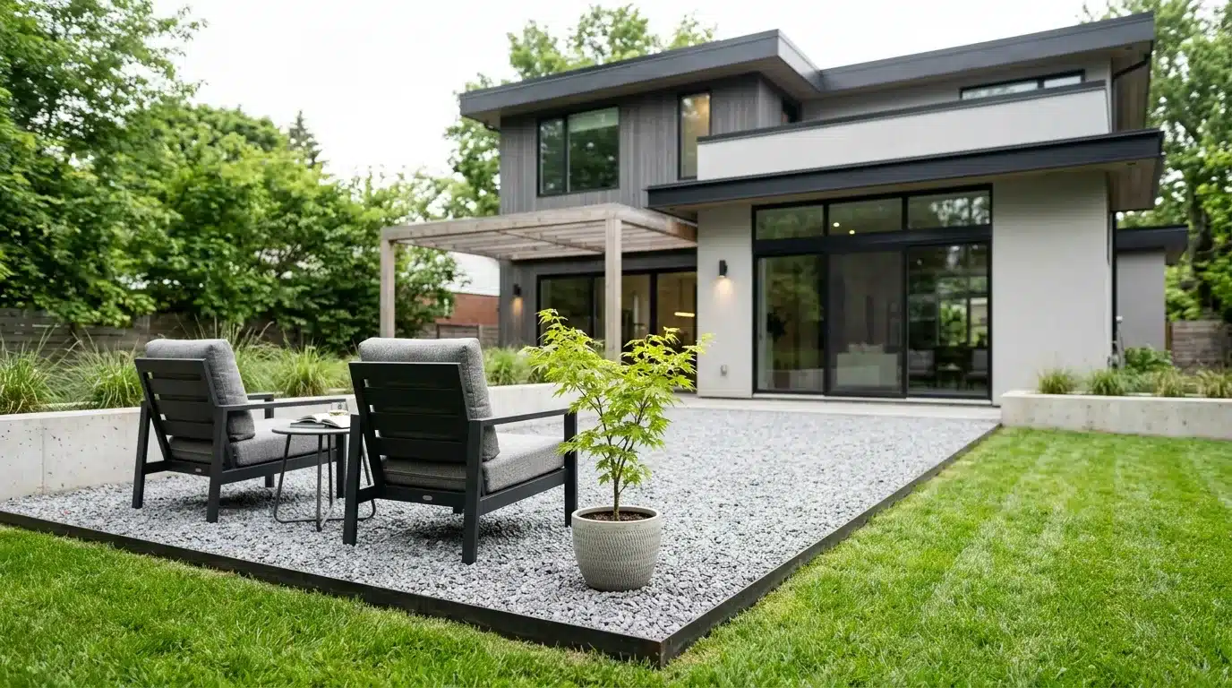 modern two-story house with large windows, a gravel patio, two cushioned chairs, a small table, potted tree, and lawn
