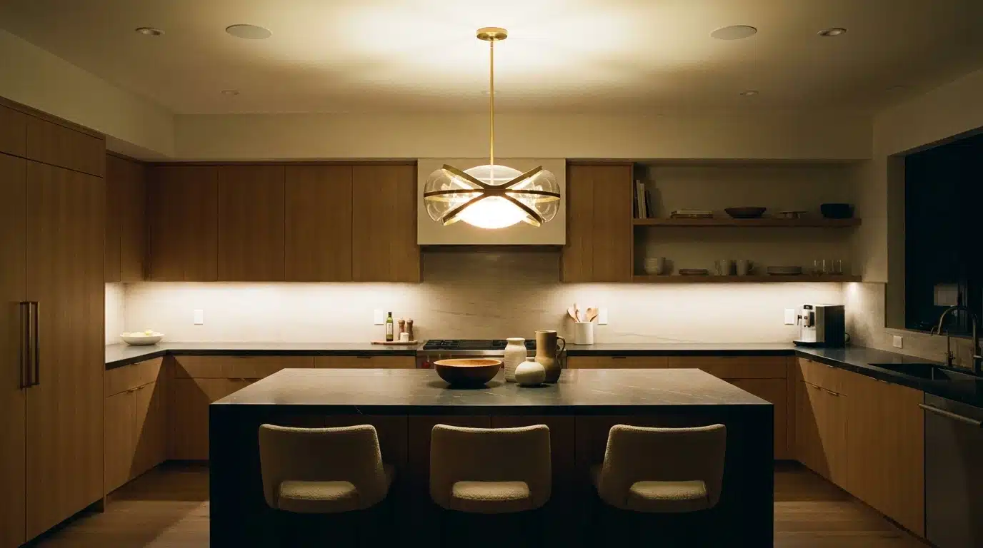 modern wood-paneled kitchen with a central island, upholstered chairs, built-in appliances, and a sculptural pendant light