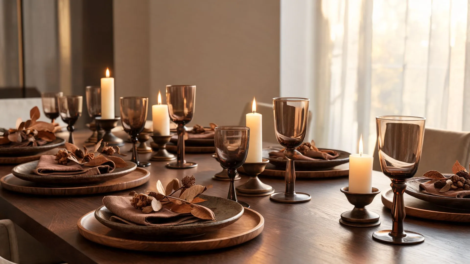 monochromatic brown table setting with wood chargers, smoked glassware, and pillar candles
