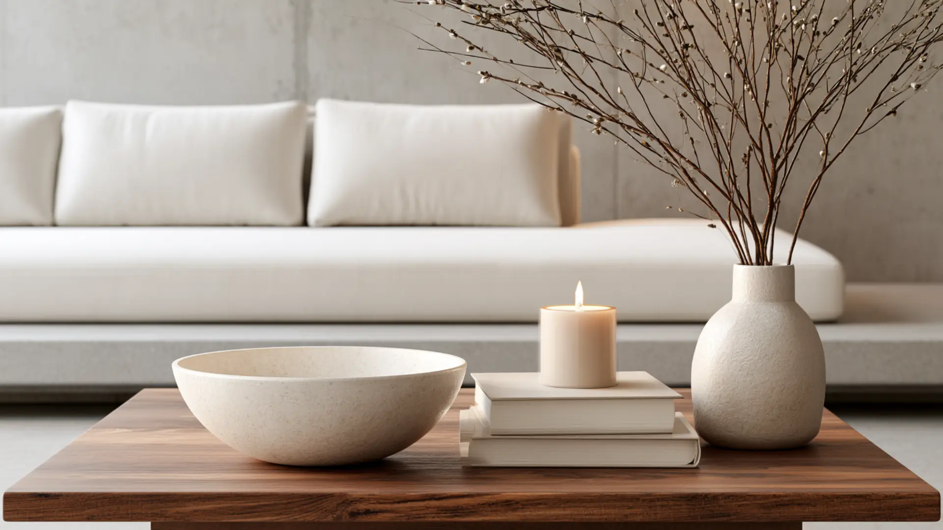 monochrome white coffee table decor with matching bowl, candle, and books