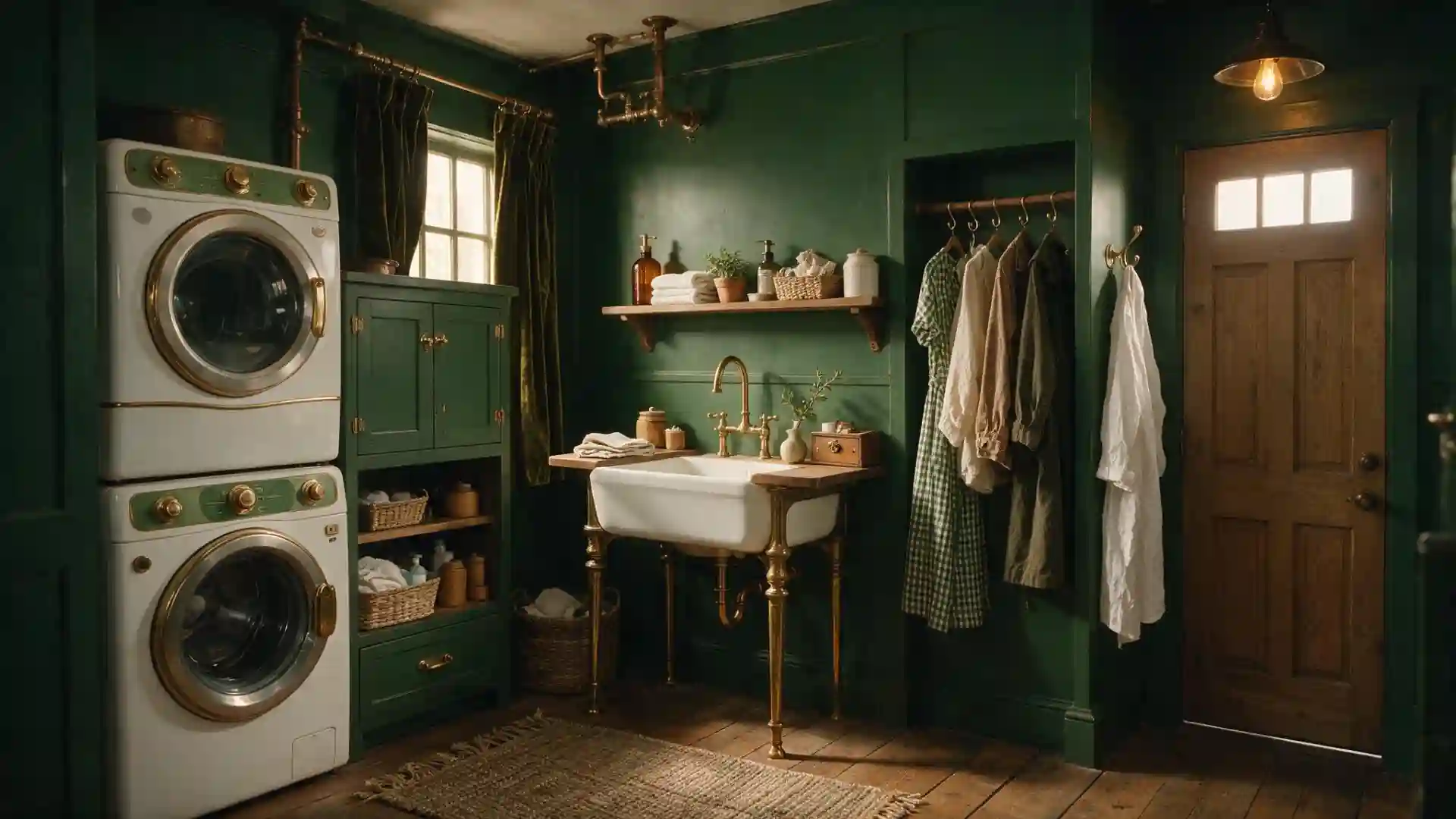 moody dark green laundry room with brass fixtures and a stacked washer and dryer