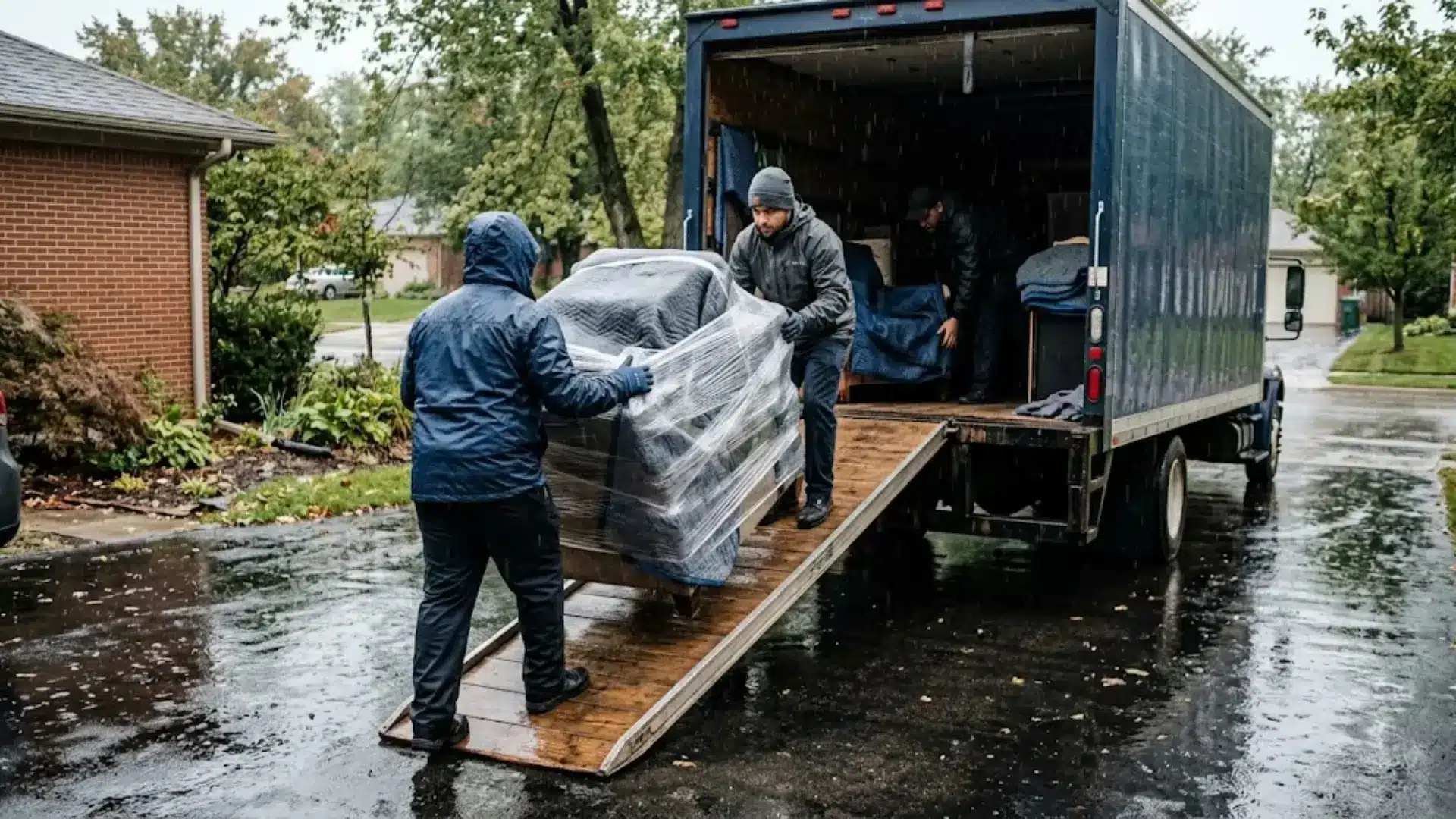 movers carrying a wrapped piece of furniture up a truck ramp during heavy rainfall on moving day
