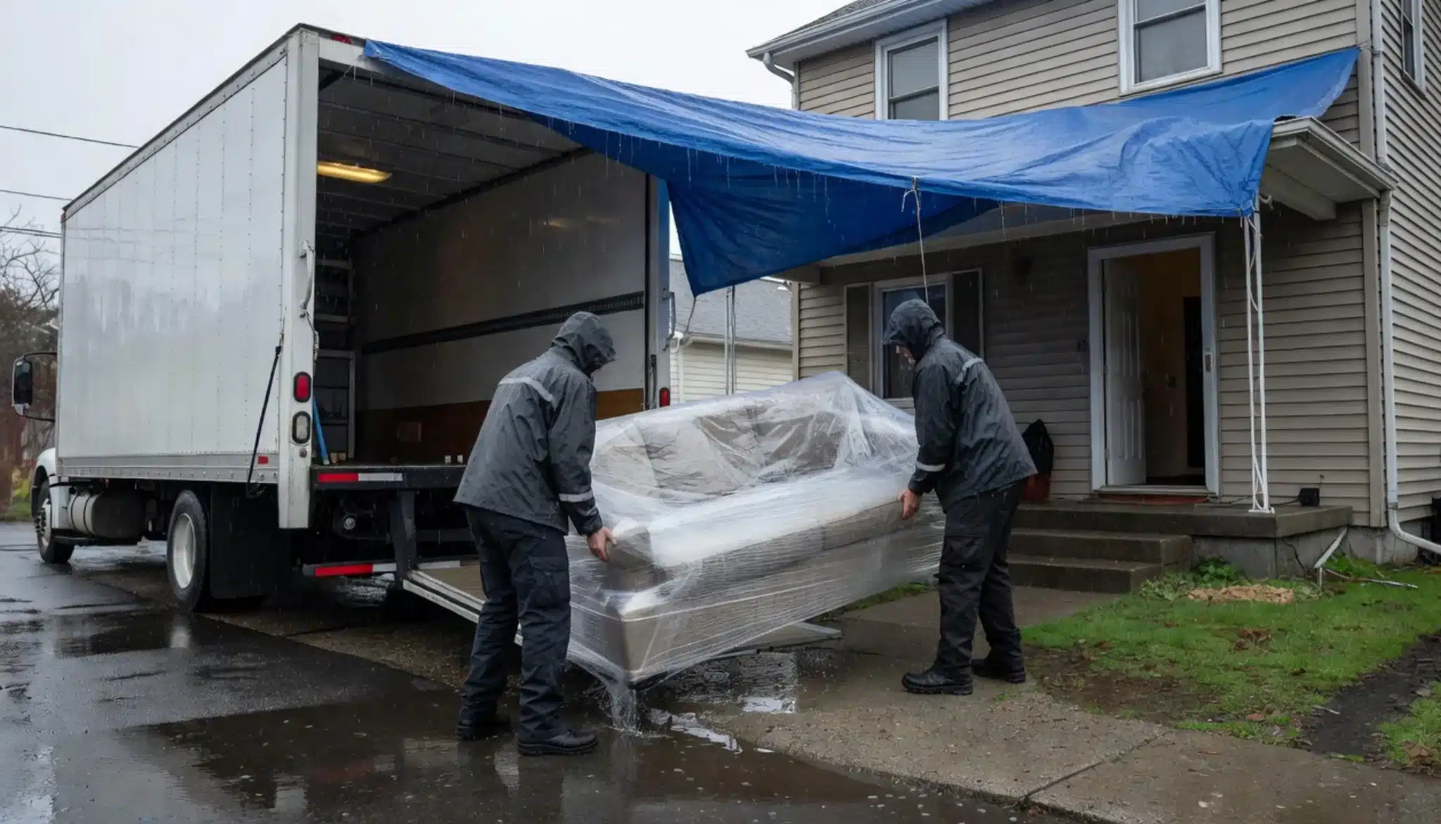movers carrying plastic wrapped furniture through the rain toward a covered moving truck