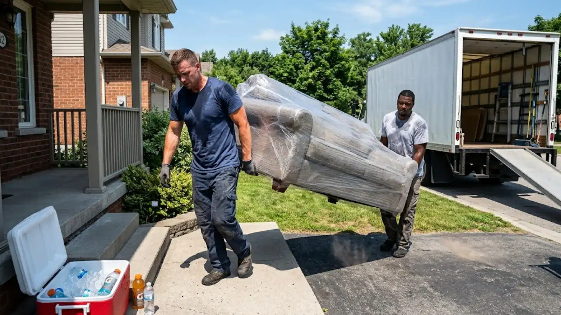 movers taking a shaded water break and working beside a truck during a hot summer move
