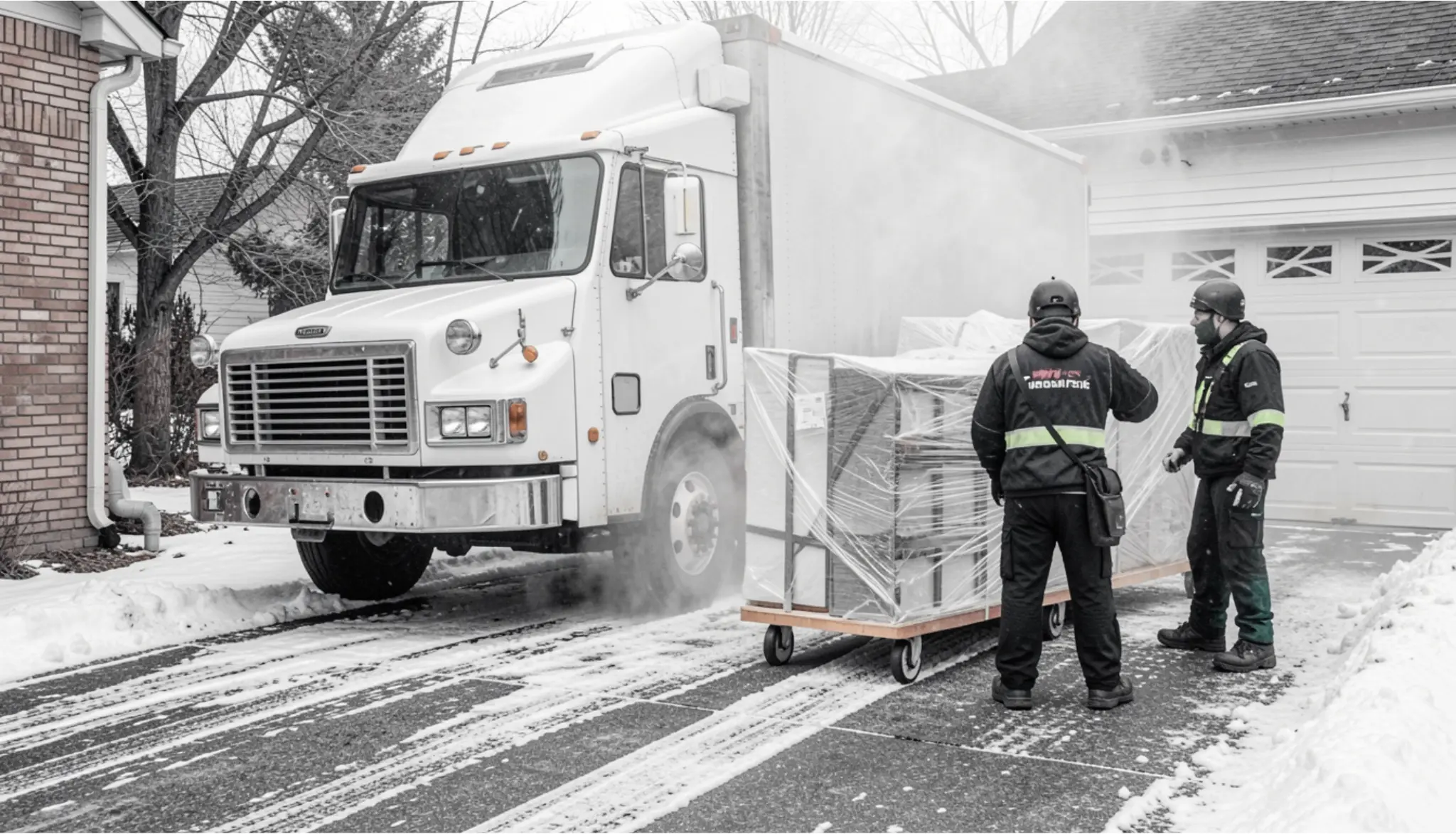 moving truck on a snowy driveway with salted walkway and a loaded furniture dolly