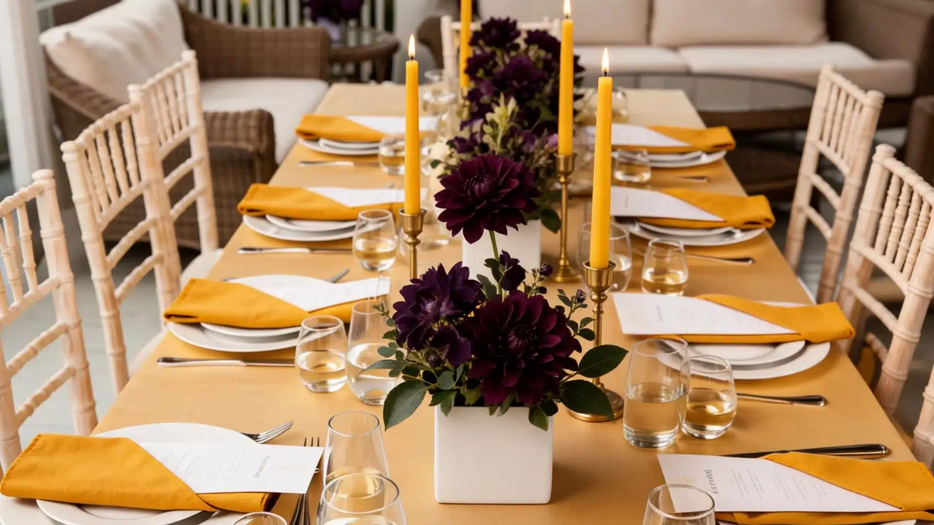 mustard yellow tablecloth with plum dahlia centerpieces and matching taper candles on long table