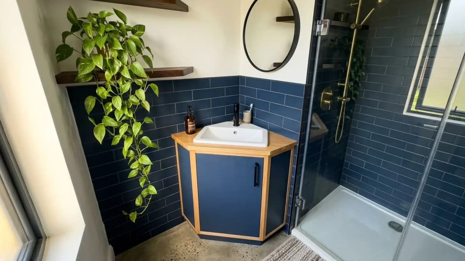 navy blue corner vanity with angled front wood trim sink and trailing plant nearby