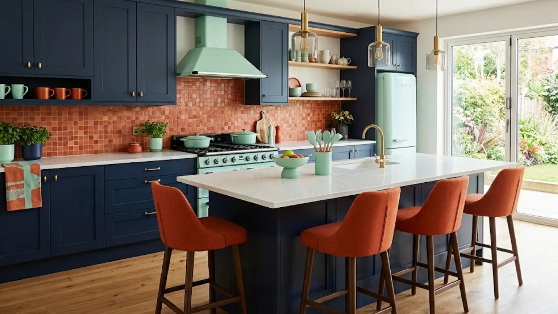 navy kitchen with burnt-orange chairs and backsplash, mint appliances, island, and brass accents