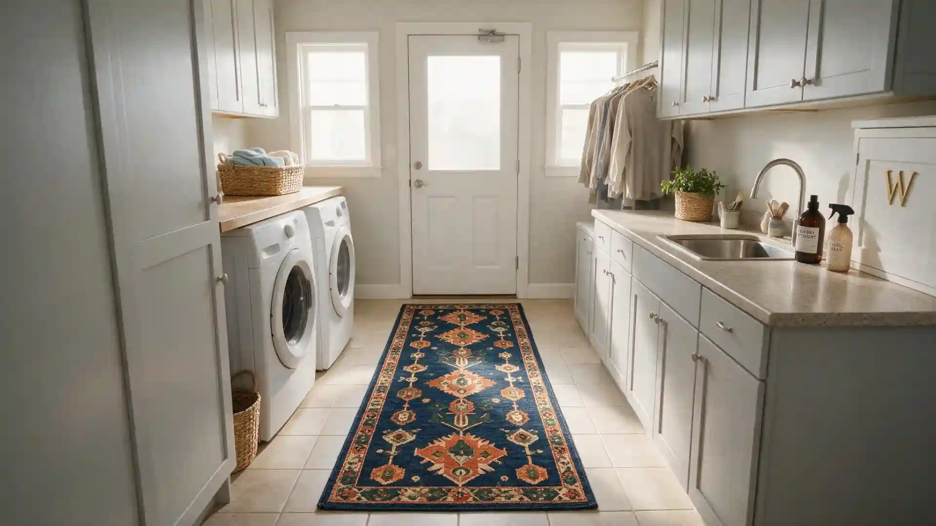 navy patterned runner rug stretched down the center of a narrow tiled laundry room