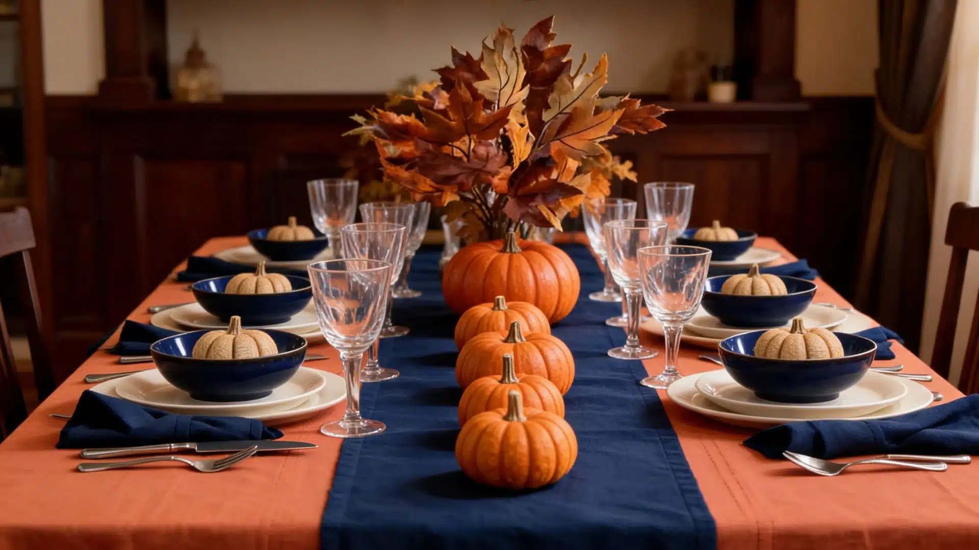 navy runner over orange tablecloth with mini pumpkins, autumn leaves, and navy bowls at each seat