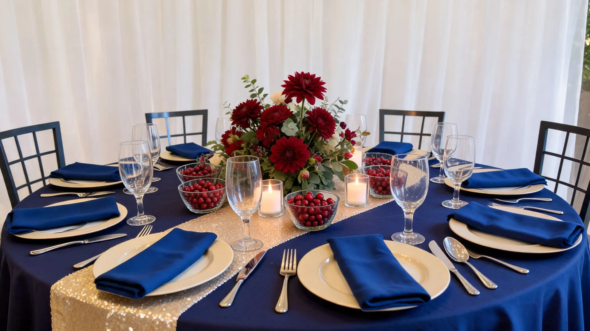 navy tablecloth with red dahlia centerpiece, cranberry bowls, and navy napkins on white plates