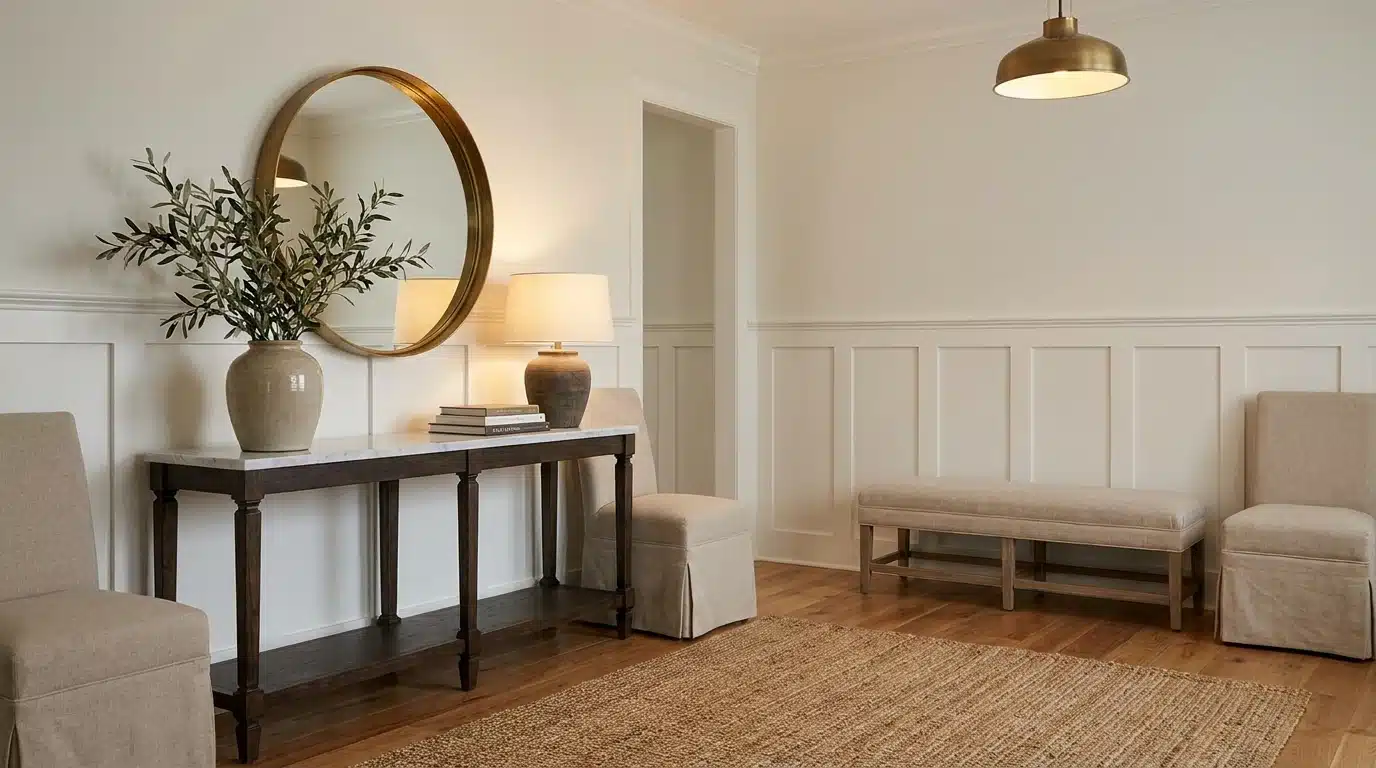 neutral-toned sitting room with a console table, vase of branches, lamp, round mirror, upholstered bench, chairs, and woven rug