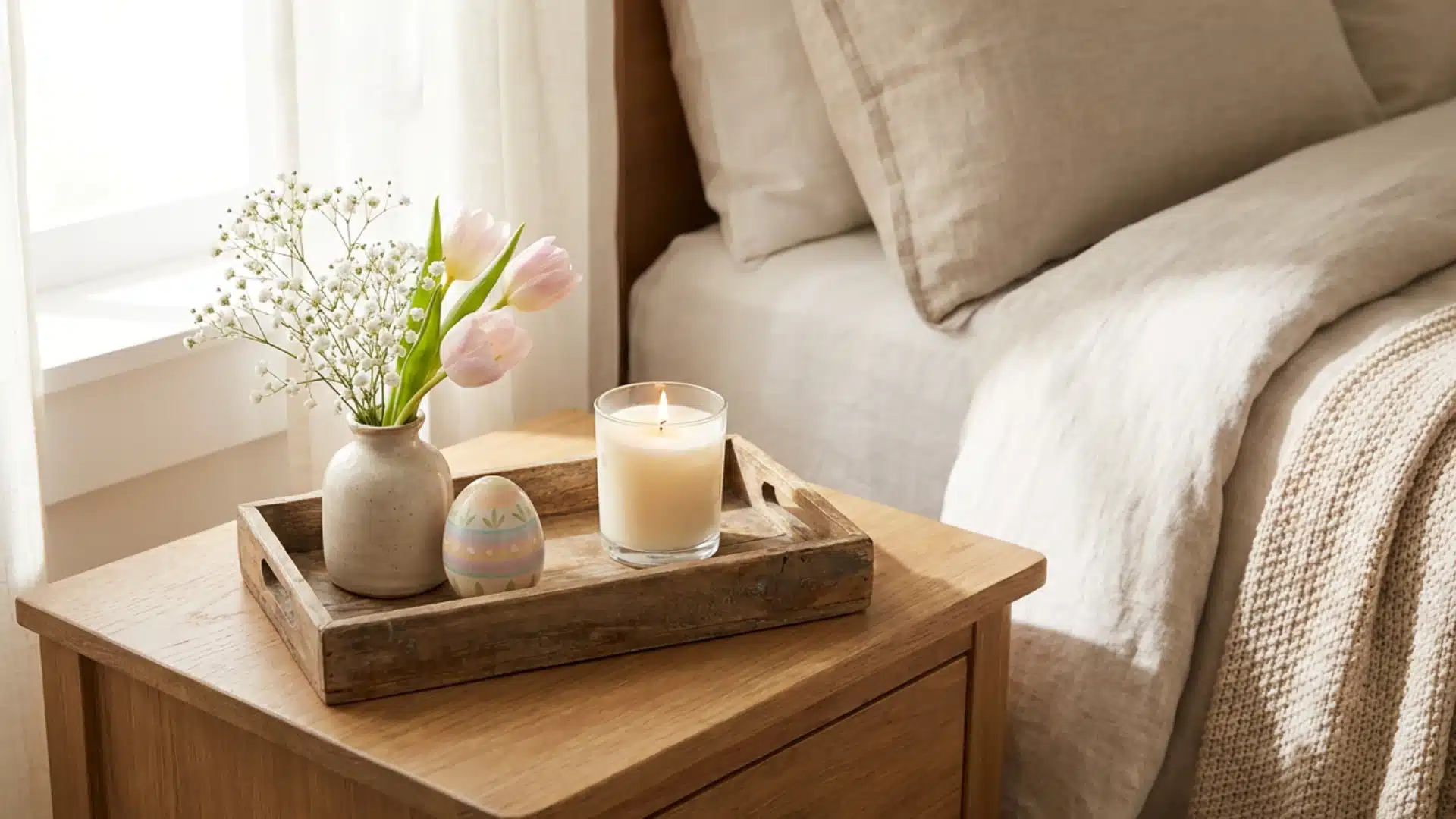 nightstand styled with a small tray flowers and a decorative egg