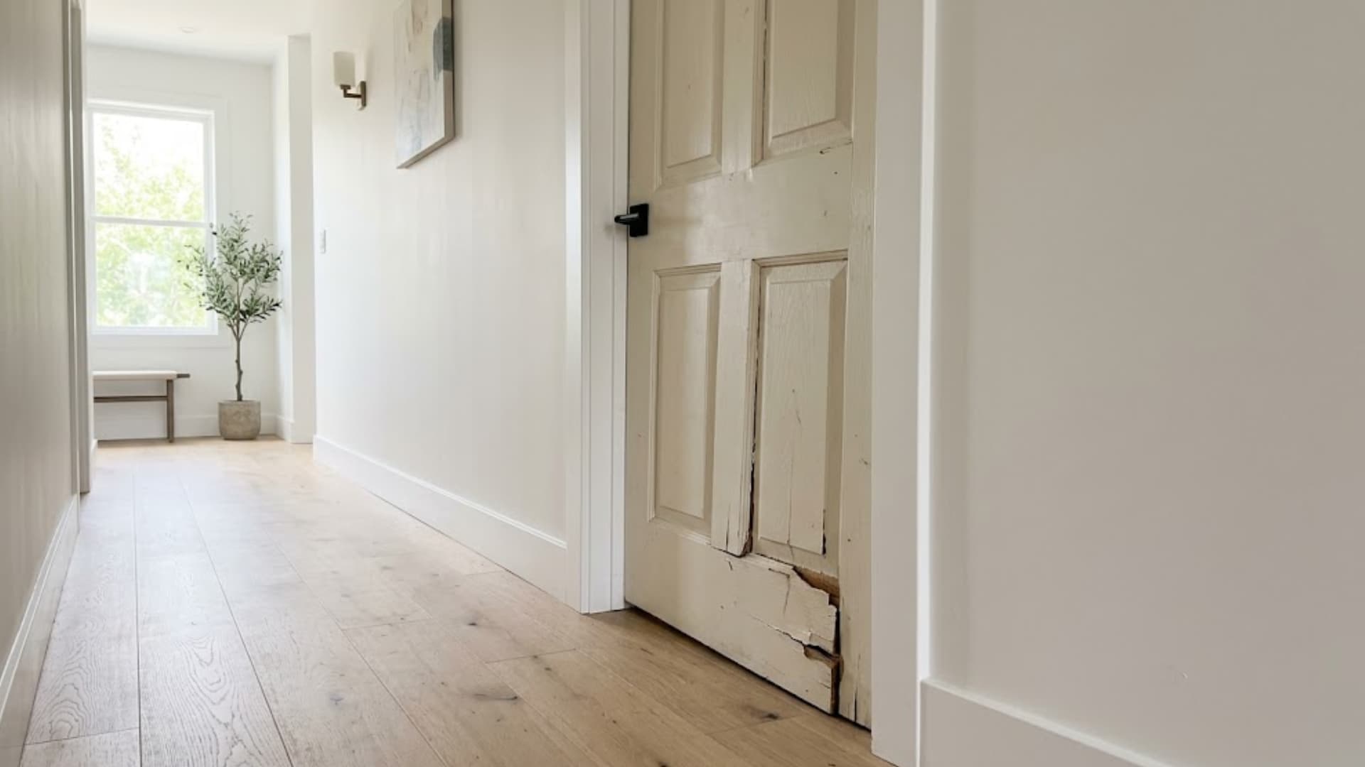 old white paneled wood door with deep cracks and splintered wood damage along the bottom edge near frame