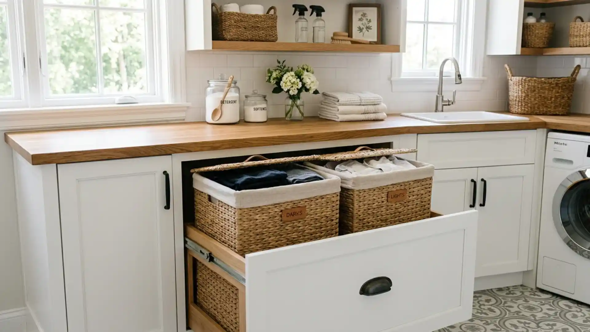 open cabinet drawer with woven hamper baskets labeled darks and lights beside a washing machine