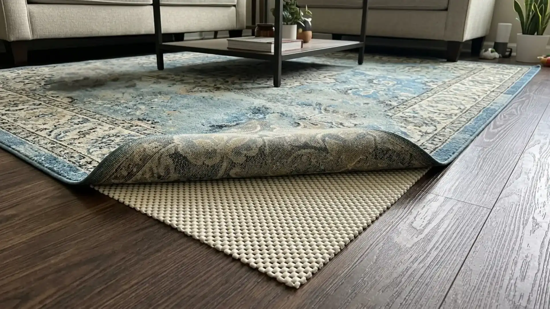 open cell foam non slip rug pad lifted under blue patterned area rug indoors