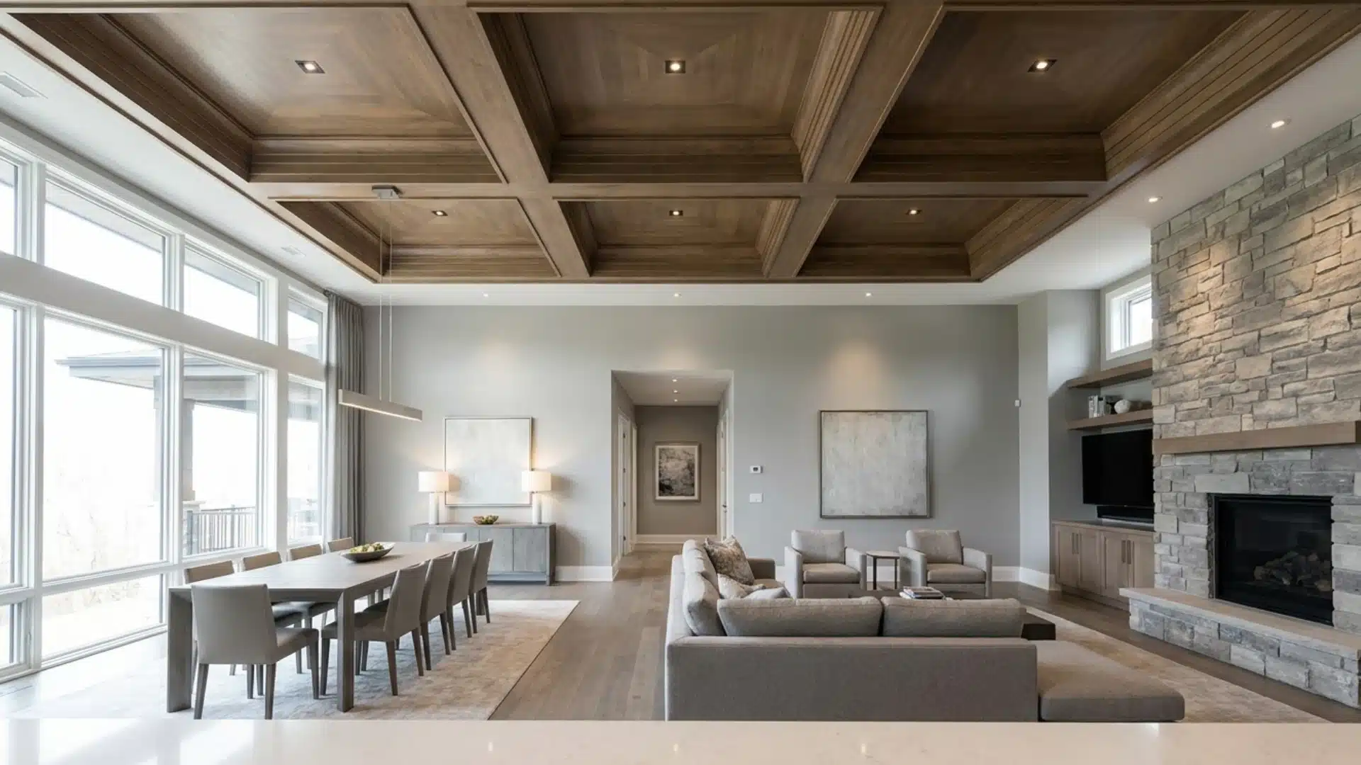 open concept space featuring oversized coffered ceiling panels