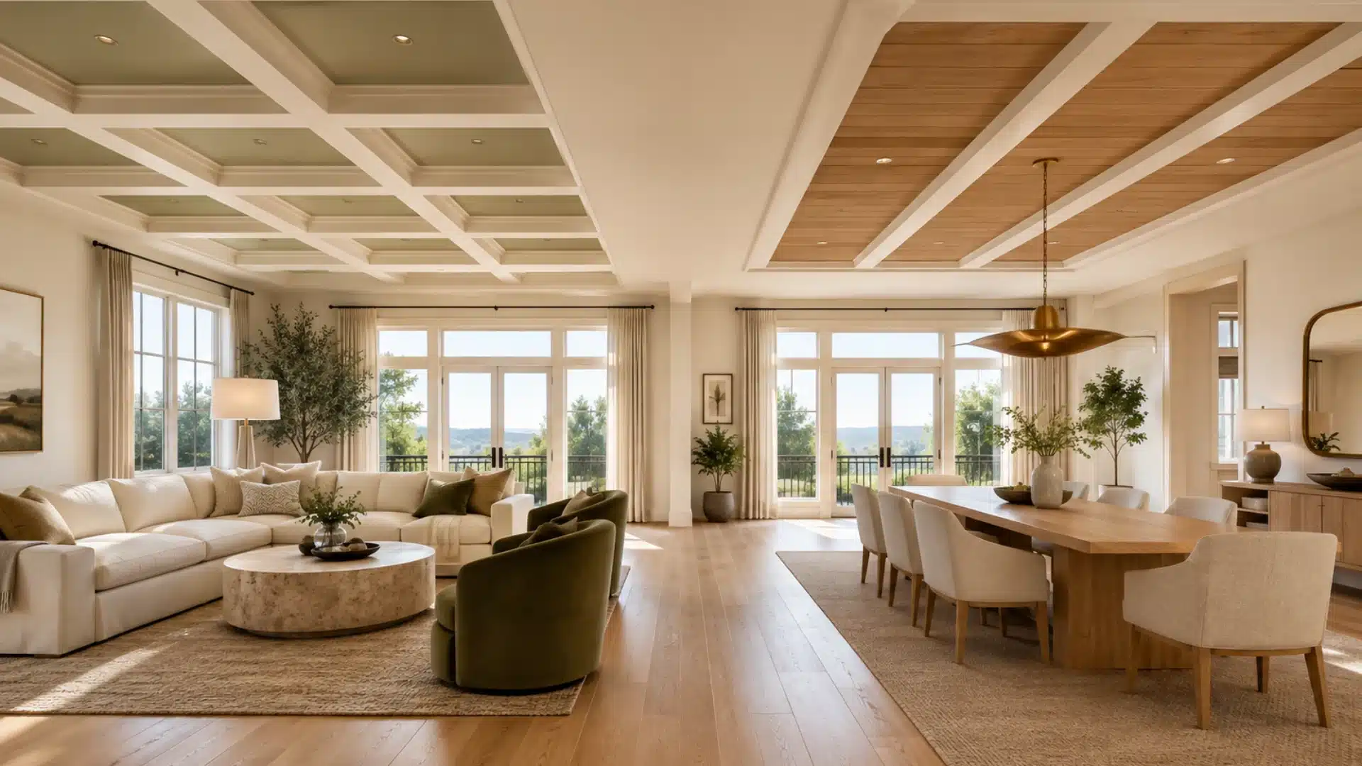 open floor plan featuring distinct coffered sections dividing living and dining