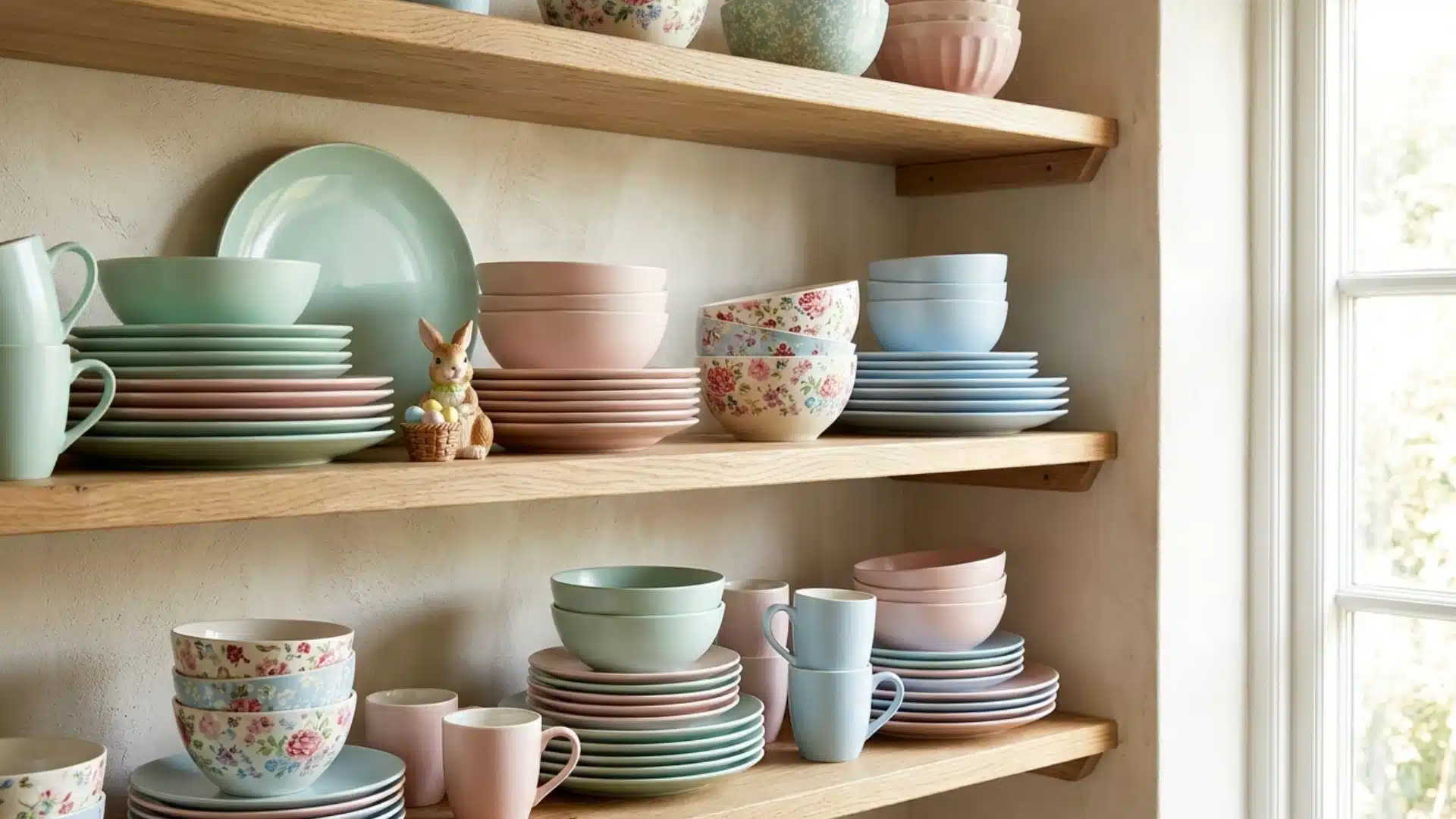 open kitchen shelves styled with pastel dishes and floral bowls