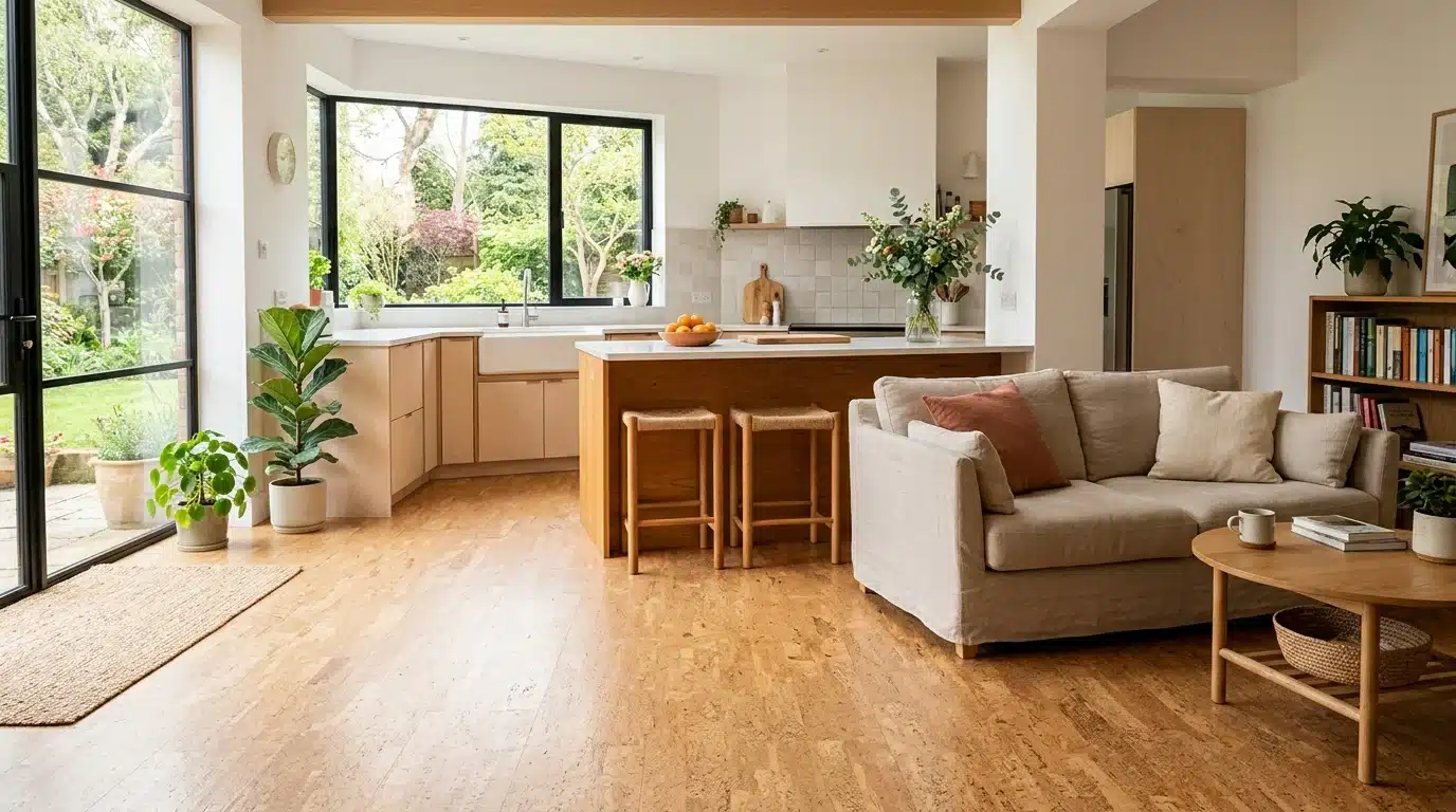 open-plan kitchen and living room with a wooden island, sofa, coffee table, plants, bookshelves, and garden-facing windows