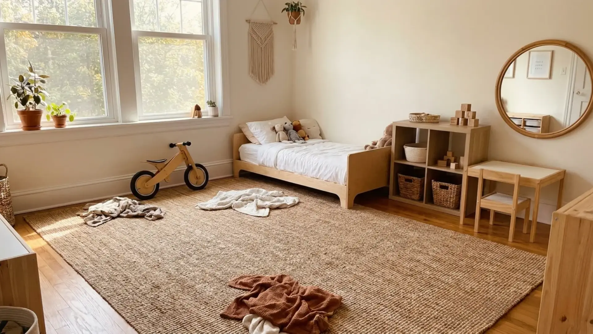 open toddler bedroom floor space with jute rug wooden toddler bed and minimal furniture