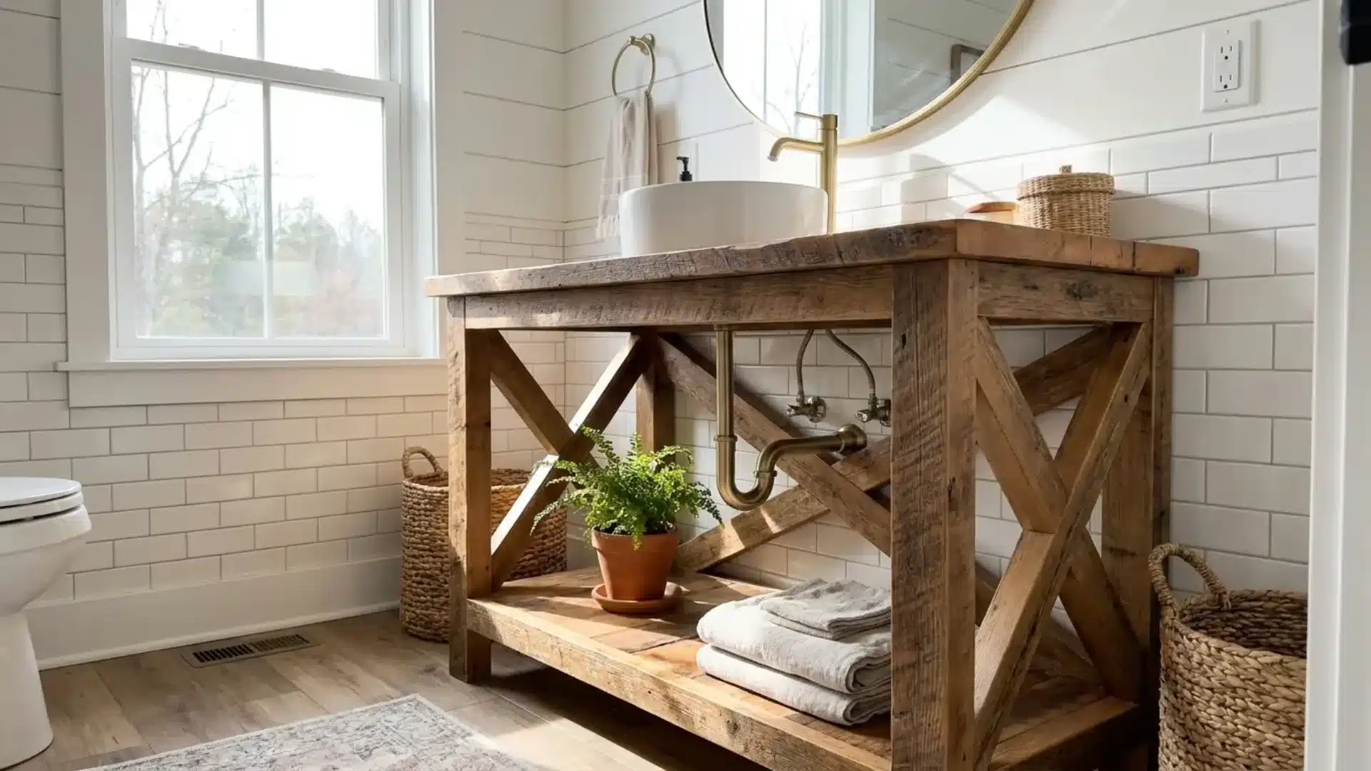 open wood frame vanity with crossed x brace base round sink and potted fern on shelf
