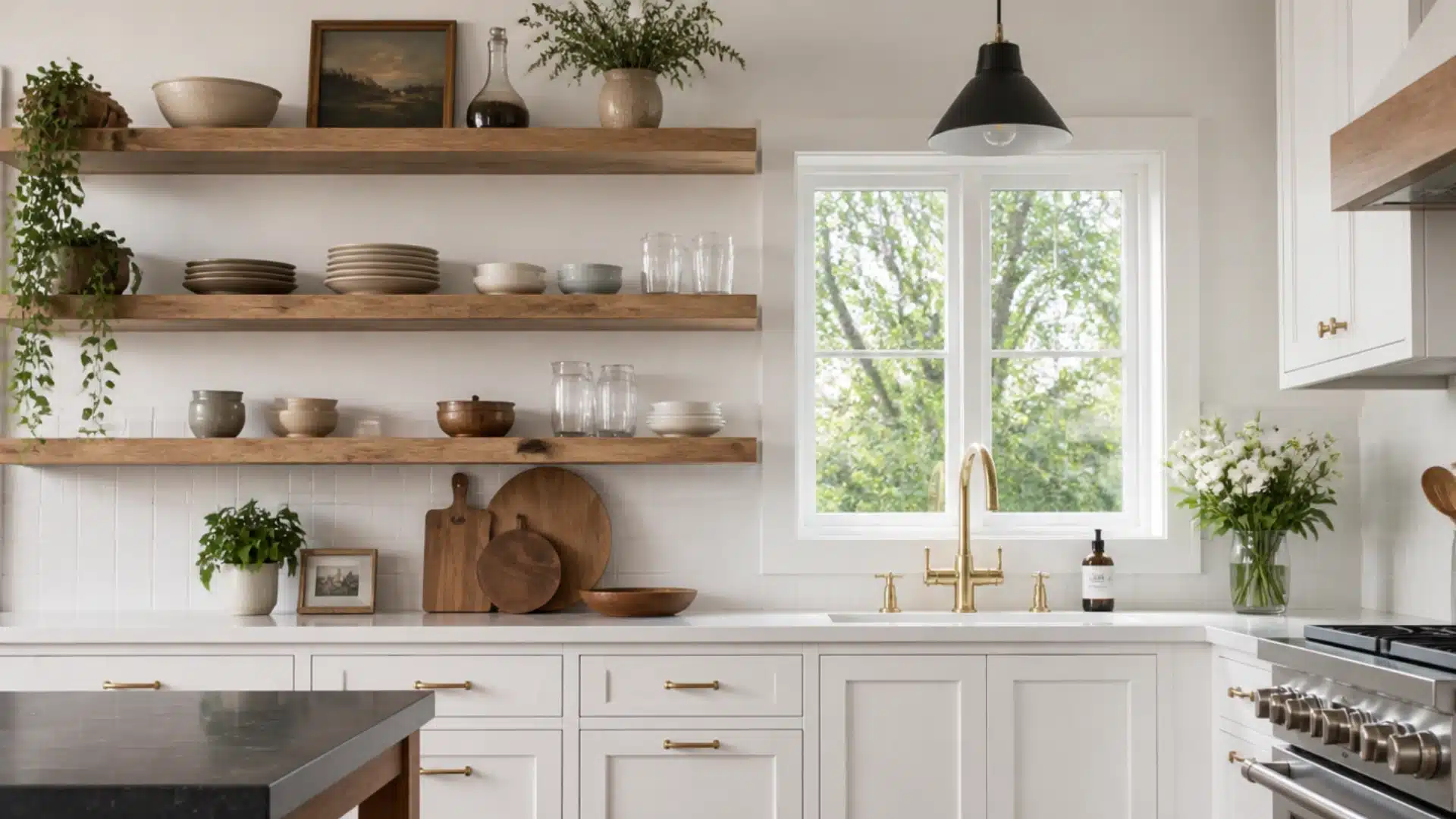 open wood shelves with neutral dishes and greenery in a bright modern farmhouse kitchen