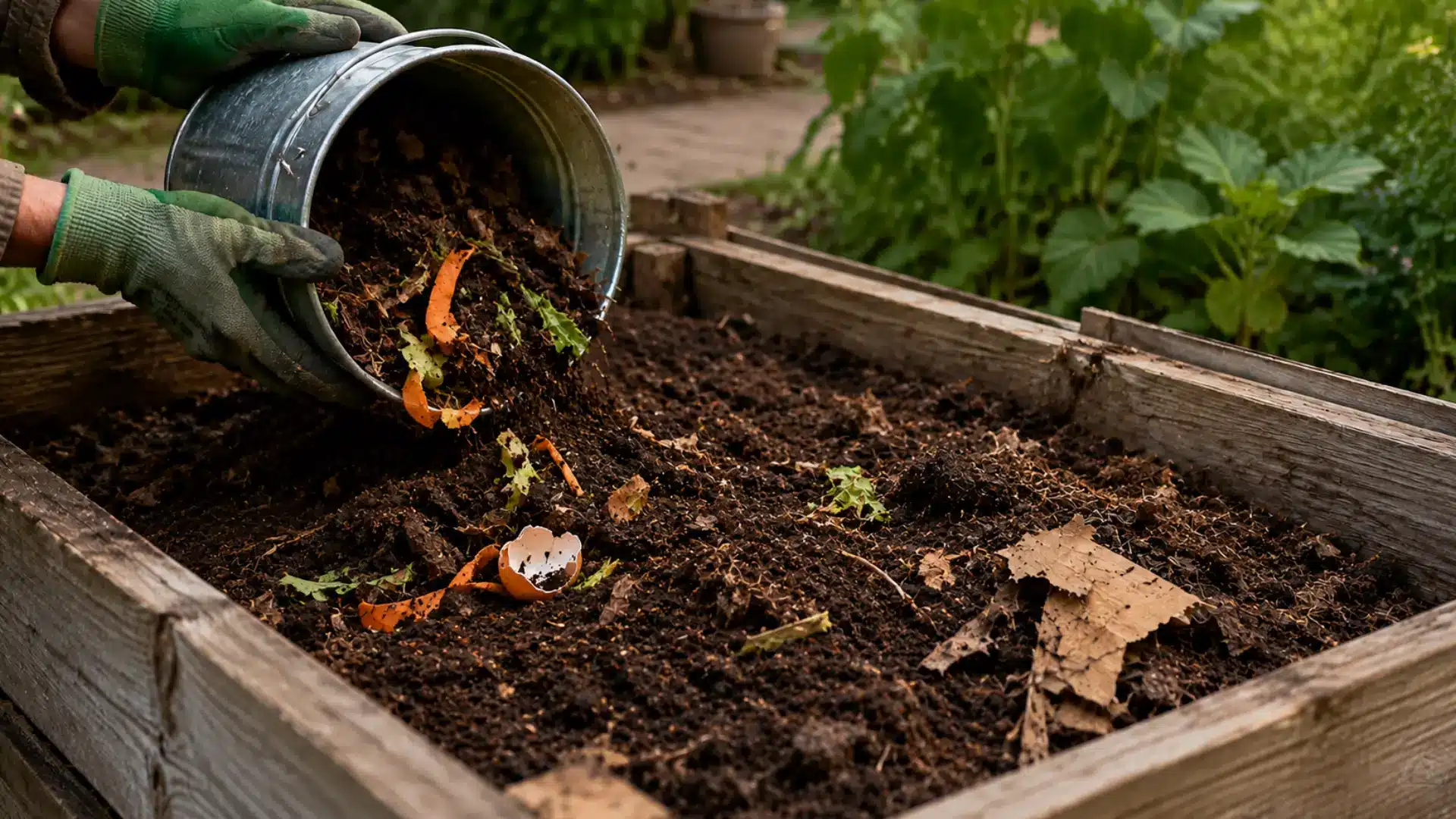 organic compost with food scraps spread across rich soil in a rustic wooden garden bin