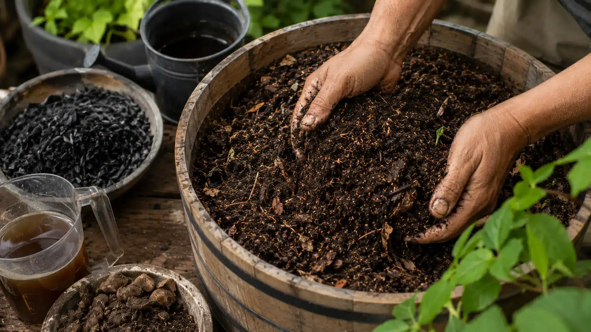 hands holding rich compost above a garden bed with organic soil amendments nearby