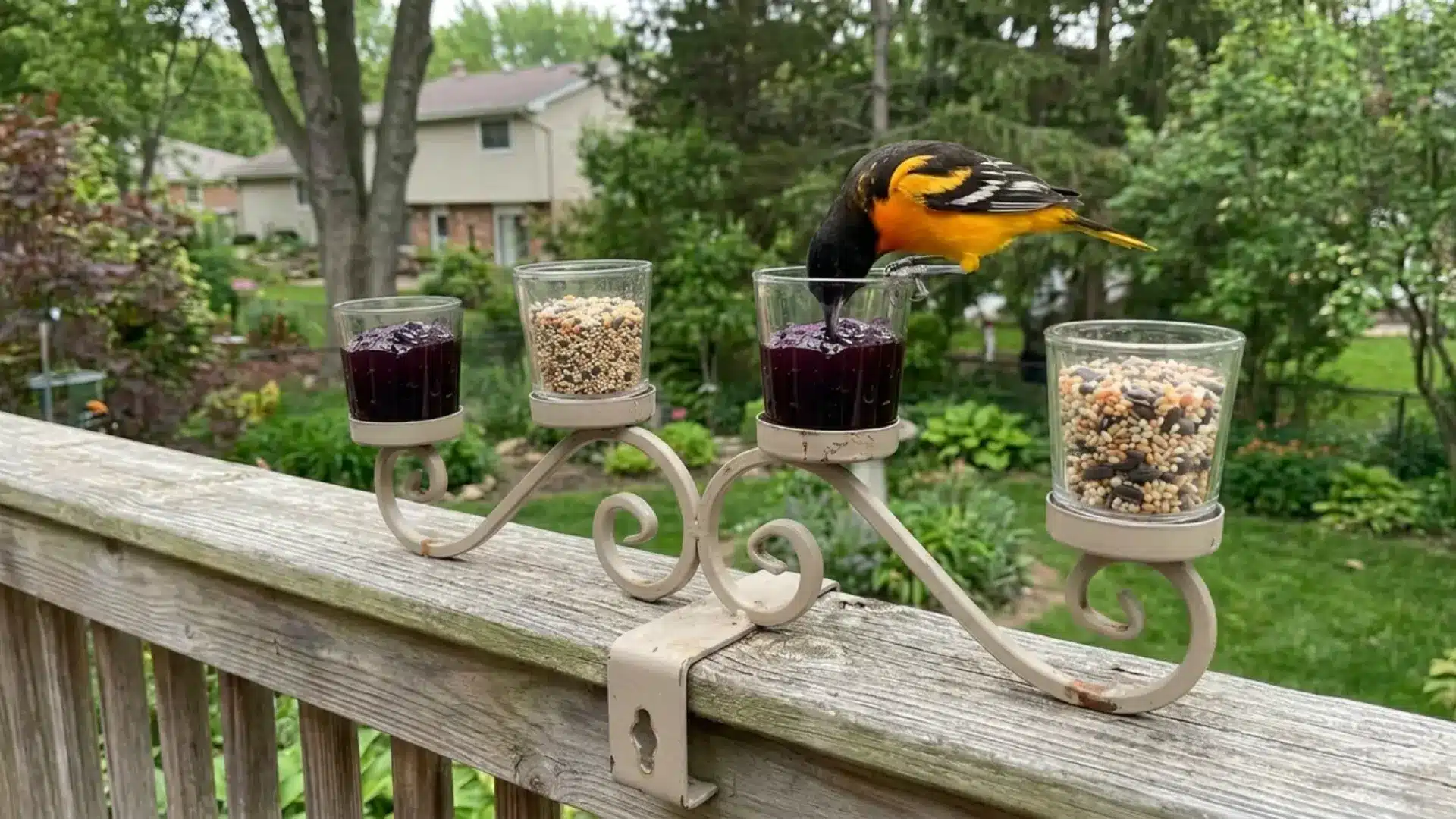 oriole drinking grape jelly from glass votives on a repurposed candleholder feeder
